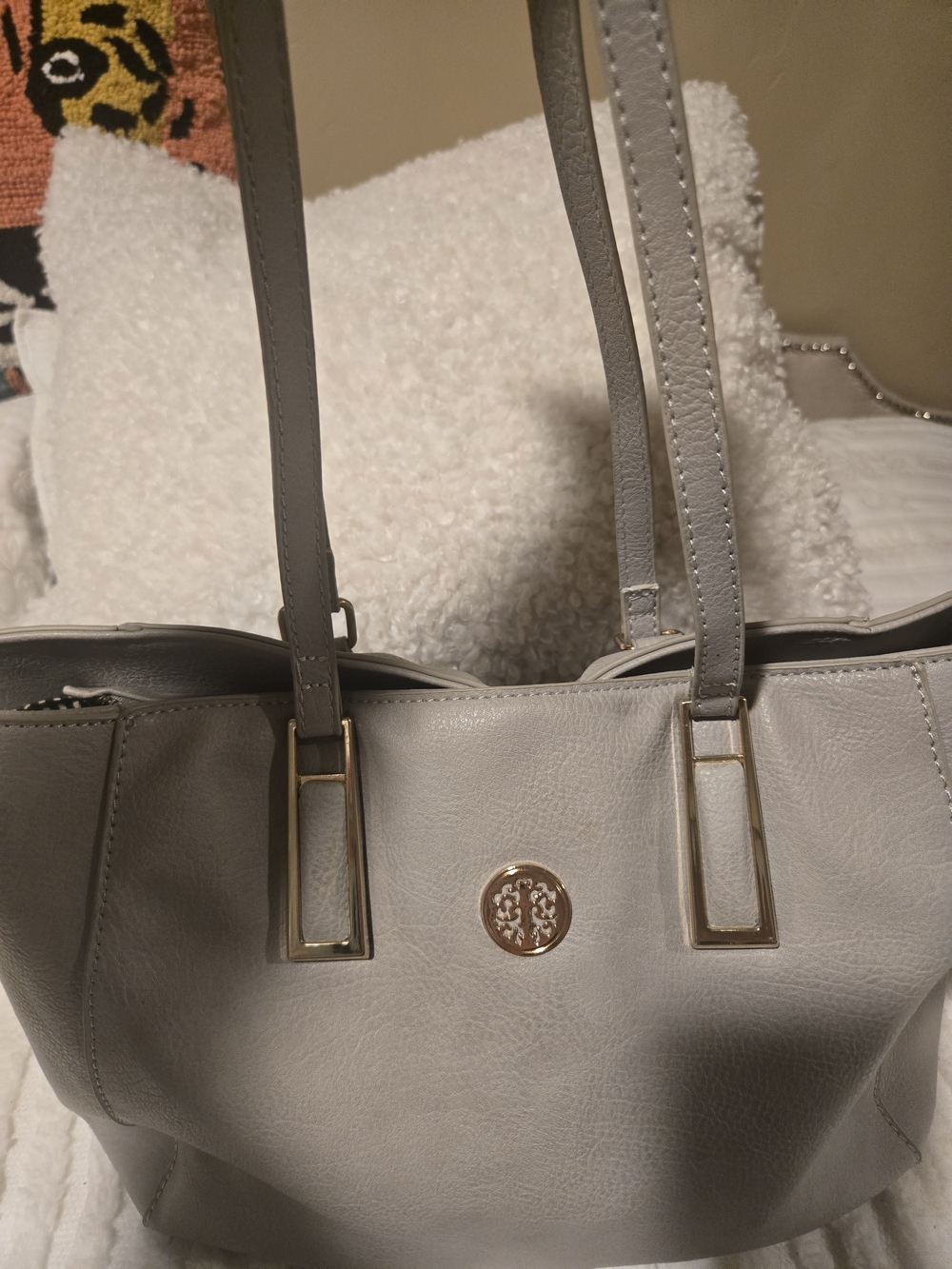 Gray Women's Tote Handbag with Gold Accent